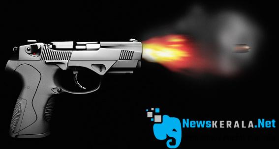 Pistol firing with bullet fire and smoke isolated on black side view