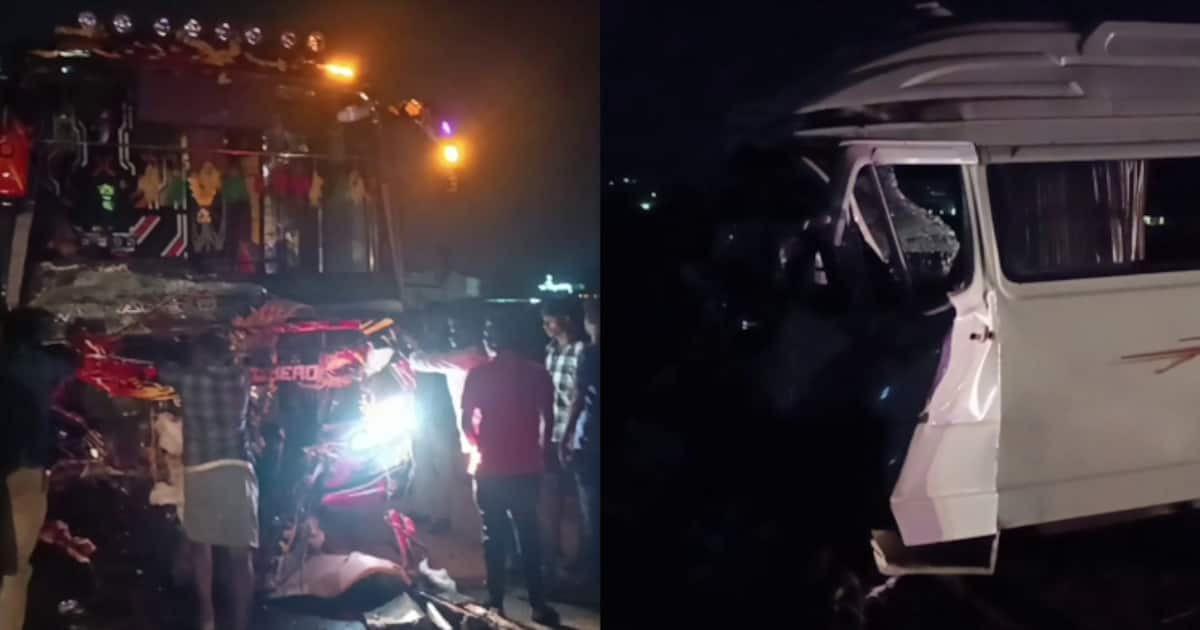 അയപ്പഭക്തര്‍ സഞ്ചരിച്ച ടെംപോ ട്രാവലറും സ്വകാര്യ ബസും കൂട്ടിയിടിച്ചു; പത്തു വയസുകാരനടക്കം മൂന്നു