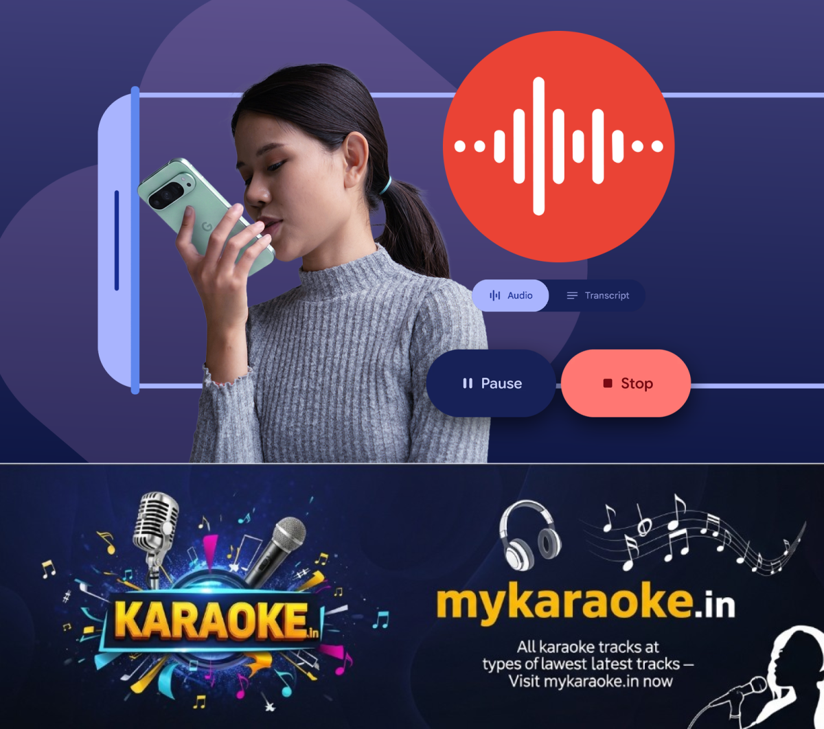 newskerala.net_1779186191_a-woman-speaking-into-her-phone-next-to-the-google-recorder-icon-and-recording-controls-on-a-purple