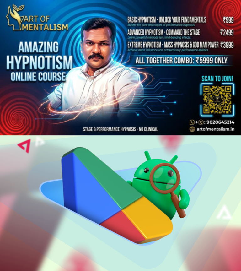 newskerala.net_1779239230_android-mascot-peering-through-a-magnifying-glass-behind-a-large-colorful-3d-google-play-store-logo