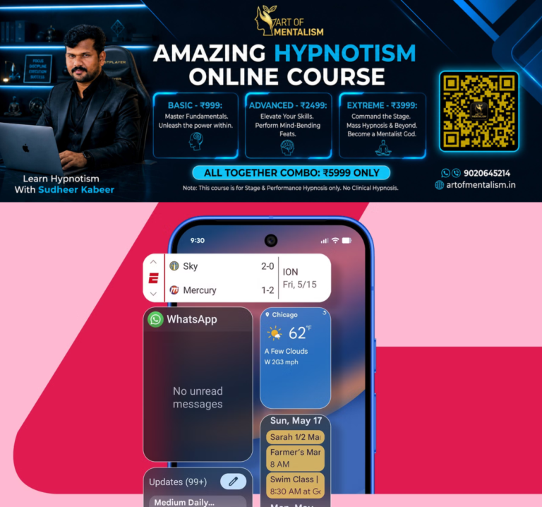 newskerala.net_1781832372_a-blue-smartphone-with-widgets-on-the-screen-set-against-a-pink-geometric-background