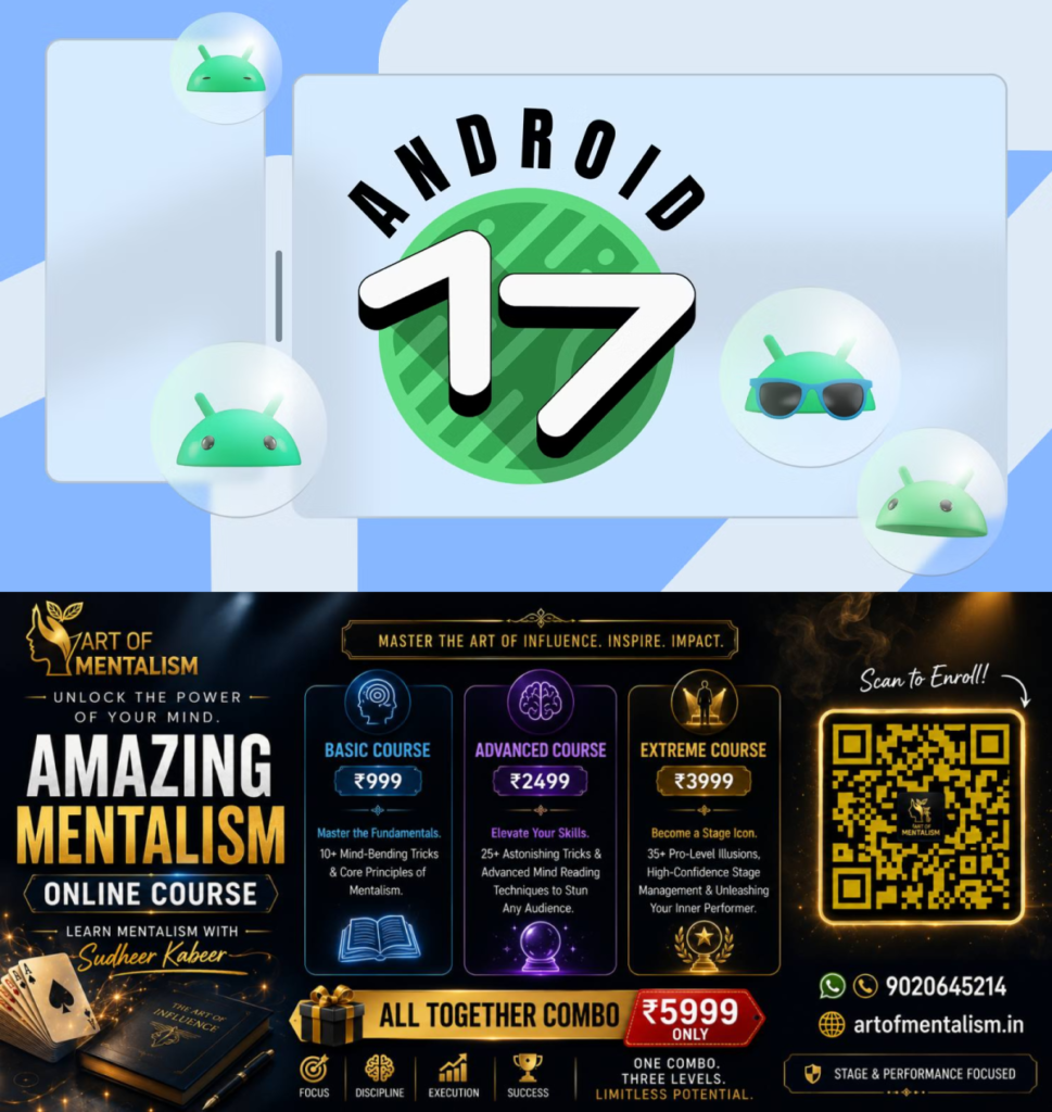 newskerala.net_1782468849_android-17-logo-on-a-split-screen-with-android-mascot-bubbles-around-it