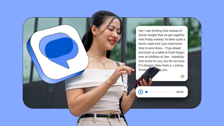 smiling-woman-using-her-phone-next-to-the-google-messages-logo-and-the-voice-transcript-feature.png