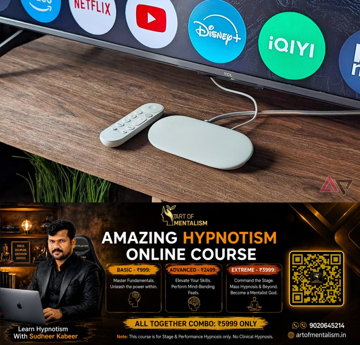 newskerala.net_1791320885_google-tv-streamer-4k-with-tv-voice-remote-control-on-a-desk-and-with-a-television-behind