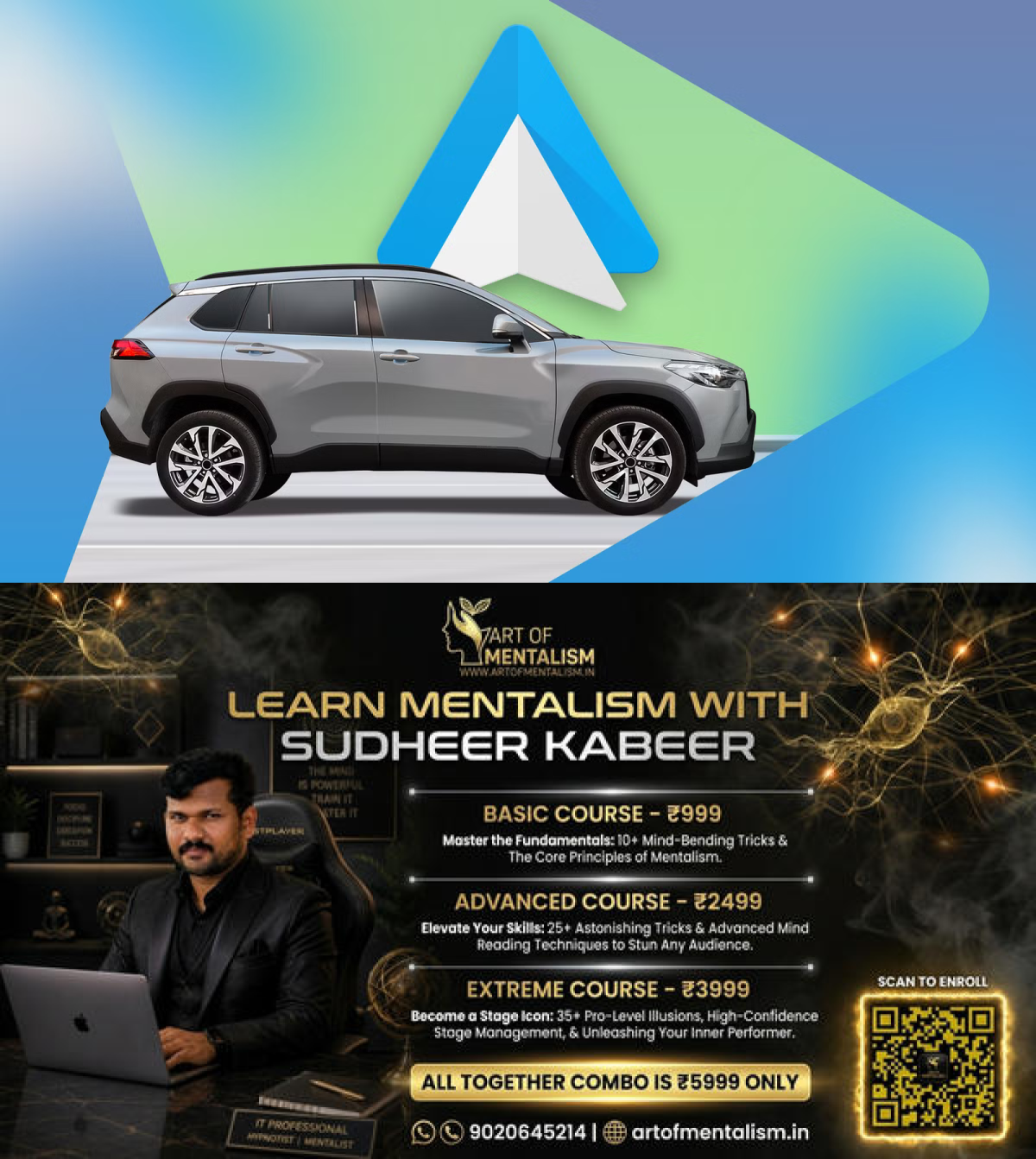 newskerala.net_1792106885_a-silver-suv-in-front-of-the-android-auto-logo-on-a-green-and-blue-geometric-background