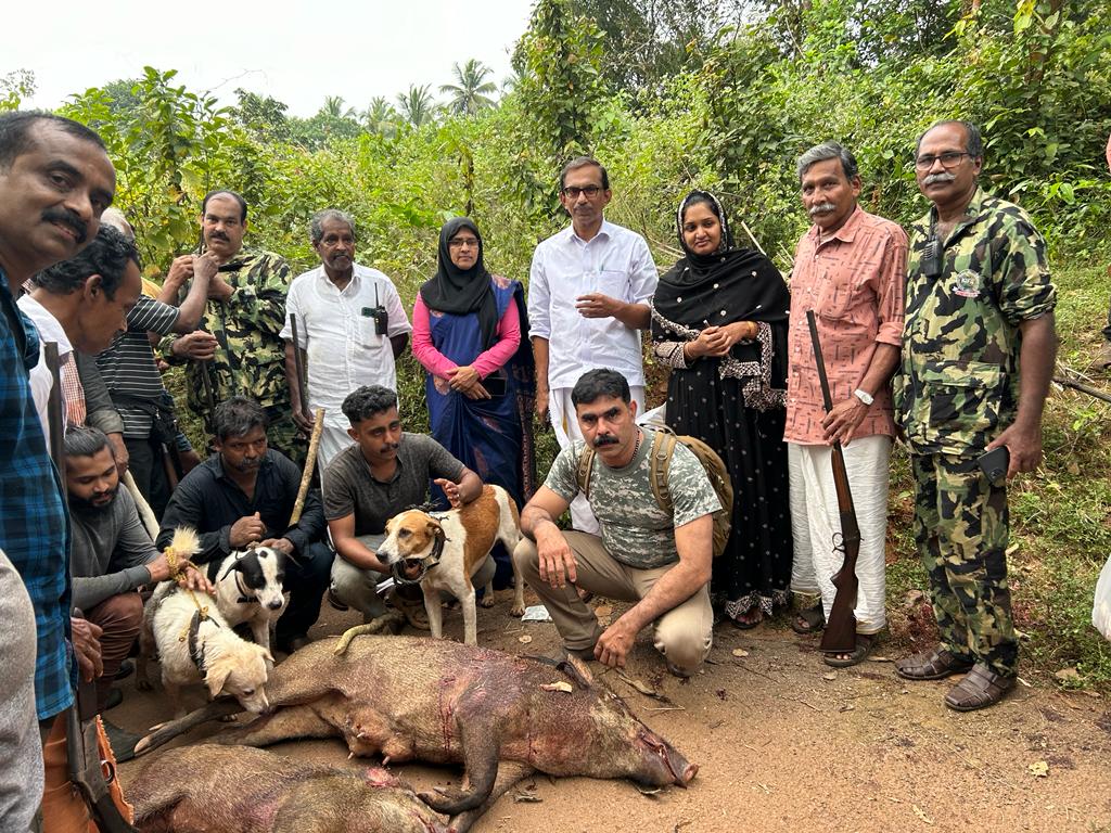 കാട്ടു പന്നികളെ വെടിവെച്ചിട്ട സംഘത്തോടൊപ്പം കുറ്റിയാടി ഗ്രാമ പഞ്ചായത്ത് പ്രസിഡന്റ് ഒ.ടി നഫീസ,വൈസ് പ്രസിഡന്റ് ടി.കെ മാഹന്ദാസ്,വാര്ഡ് അംഗം ജിഗുന എന്നിവര്